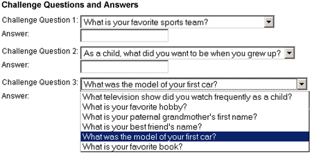 Sample of the Challenge Question selection.